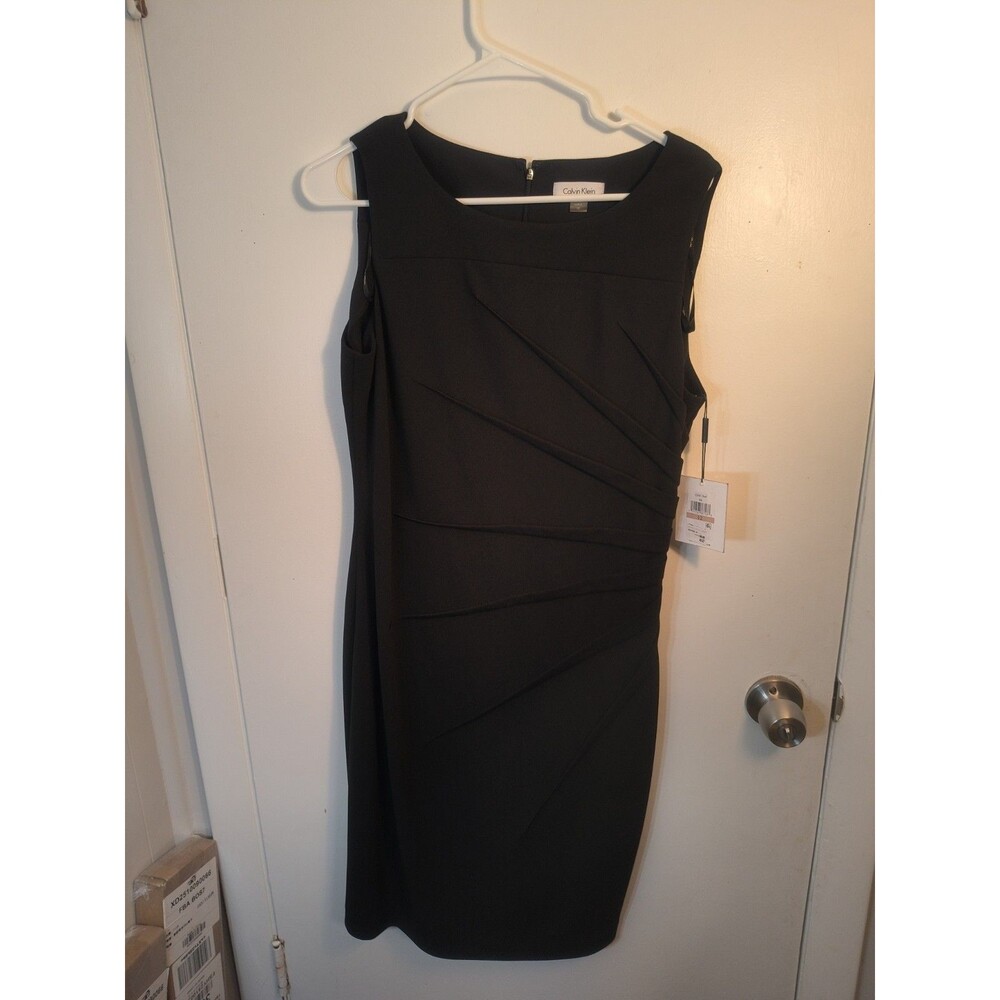 Calvin Klein NWT Black Sheath Dress Womens 12 Asymmetric Ruched Sunburst...